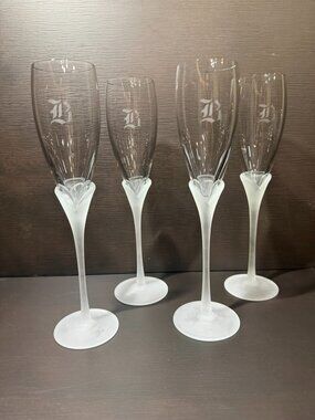 Crystal champain glasses set of 4 letter B ingraved with frosted bottom